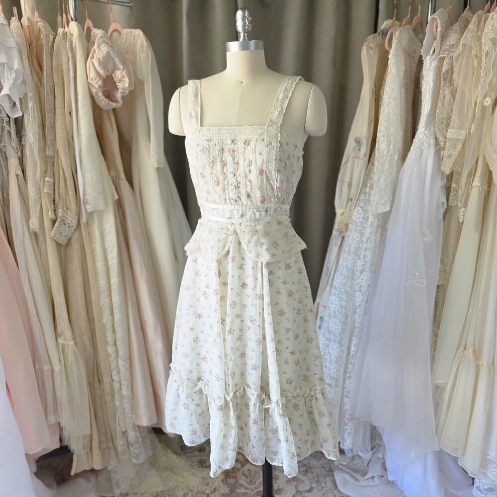 Gunne Sax Peplum Midi Dress Size XS S Ivory Floral Vintage 70s Prairie Fairycore